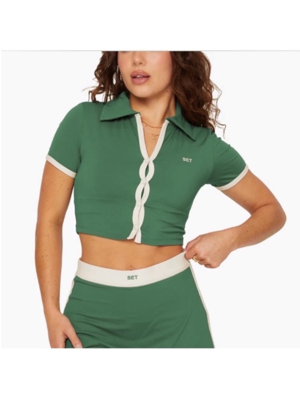 SET Active Sportbody Set Tennis Skirt Skort + Crop Polo Green/ Cream Sz S/M